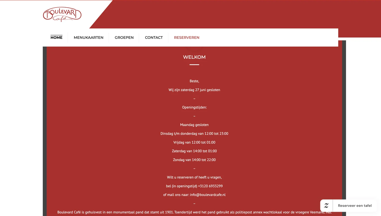 De bestaande website van Boulevard Café voor het redesign
