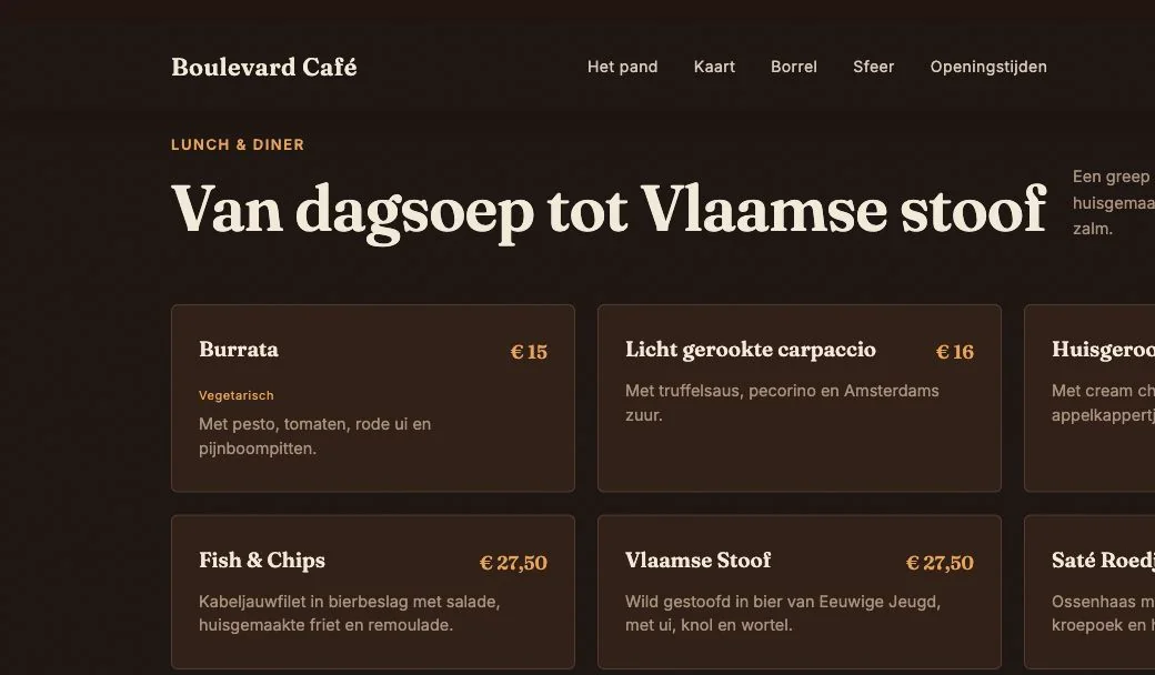 De menukaart van het Boulevard Café voorbeeldredesign